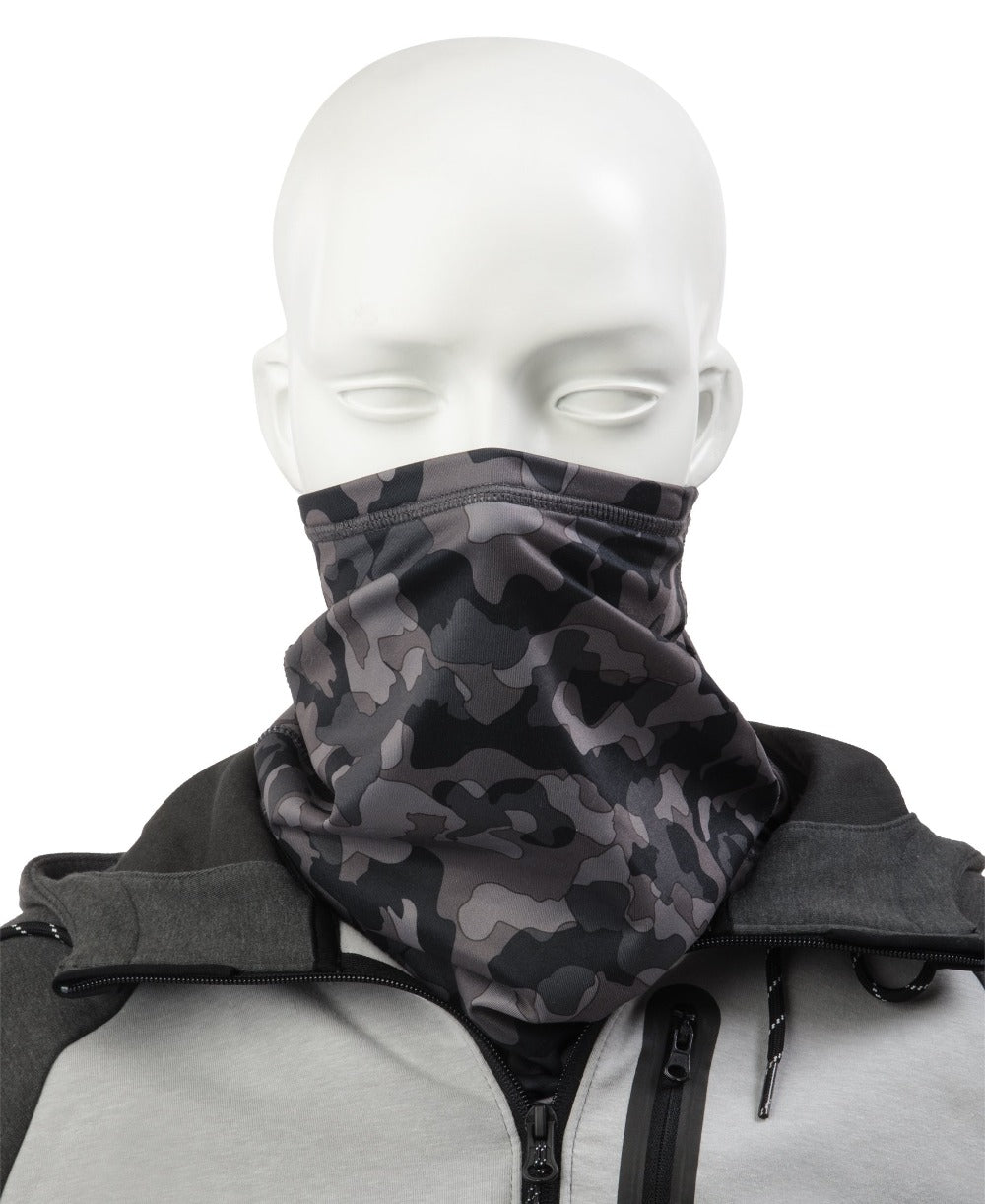 Men’s Antimicrobial Fleece Gaiter in Black Camo pulled up around the mannequin&