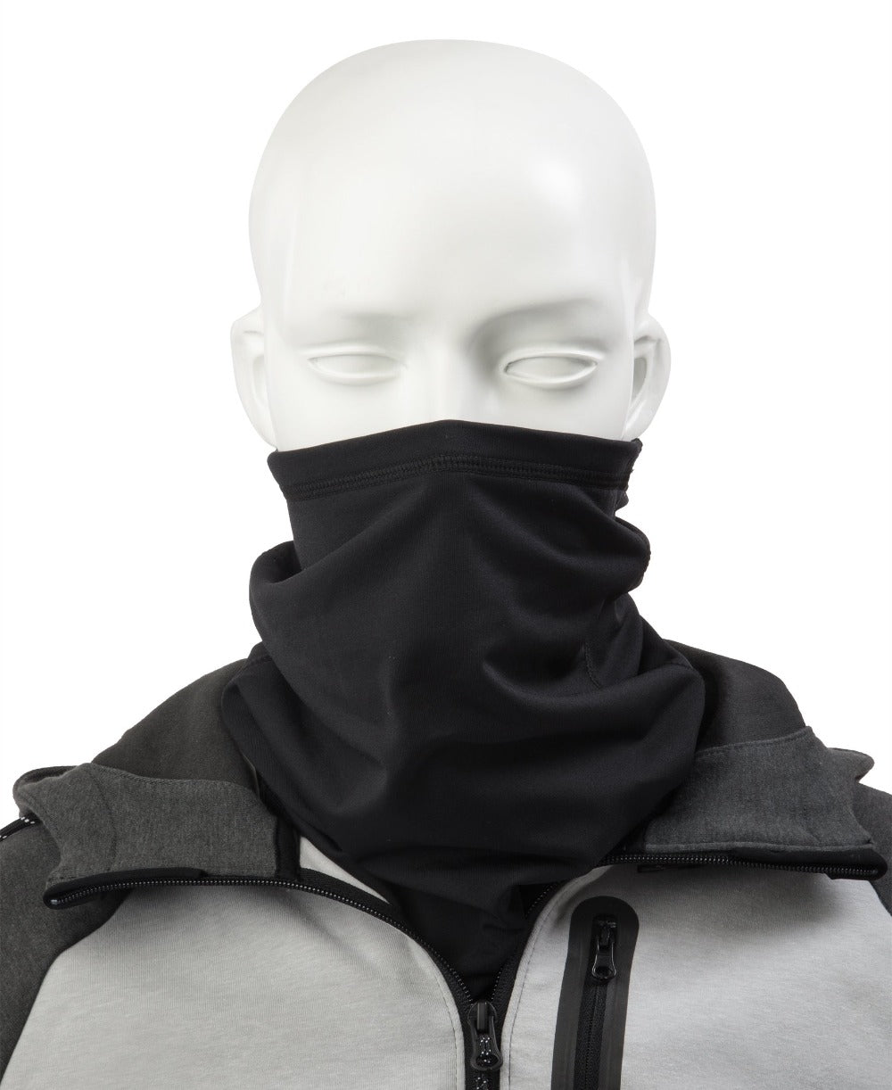 Men’s Antimicrobial Fleece Gaiter in Black pulled up around the mannequin&