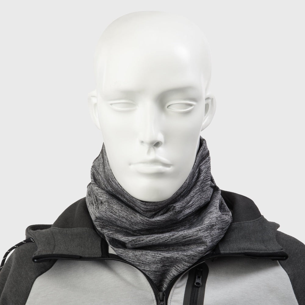 Men’s Antimicrobial Fleece Gaiter in Heathered Grey pulled around the mannequin&