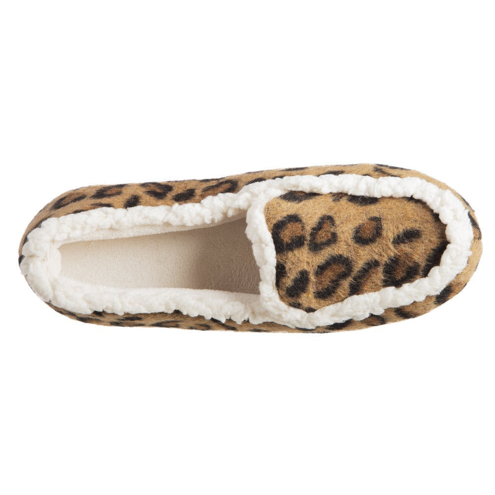 Women’s Microsuede Alex Moccasin Slippers in Buckskin Cheetah Animal Print Top Inside View