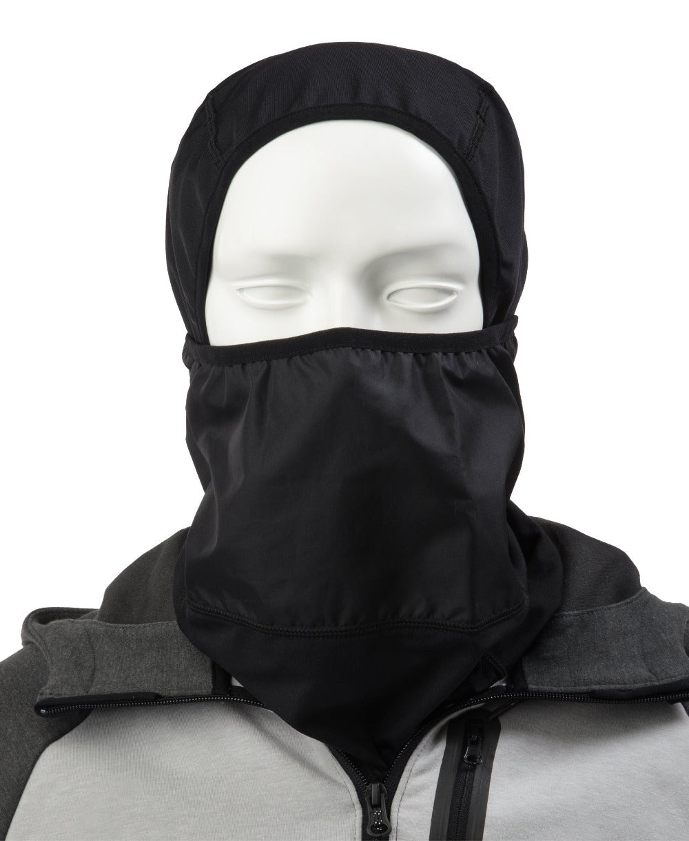 Men’s Antimicrobial Balaclava with Front Panel in Black on mannequin with the front panel pulled up