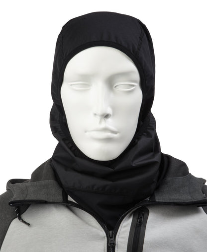 Men’s Antimicrobial Balaclava with Front Panel in Black on mannequin with the front panel pulled down
