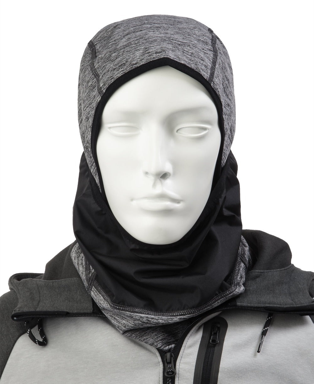 Men’s Antimicrobial Balaclava with Front Panel in Heathered Grey on mannequin with the front panel pulled down
