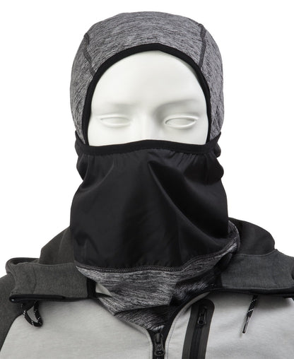 Men’s Antimicrobial Balaclava with Front Panel in Heathered Grey on mannequin with the front panel pulled up