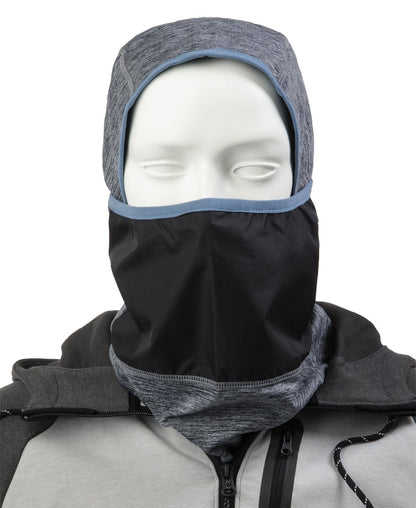 Men’s Antimicrobial Balaclava with Front Panel in Heathered Vintage Blue on mannequin with the front panel pulled up