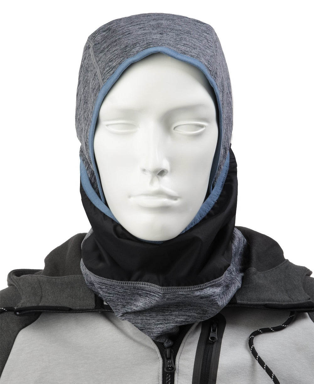 Men’s Antimicrobial Balaclava with Front Panel in Heathered Vintage Blue on mannequin with the front panel pulled down