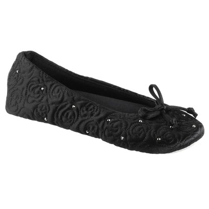 Womens Ballerina Slipper Rose Quilted Slipper in Black  Side View