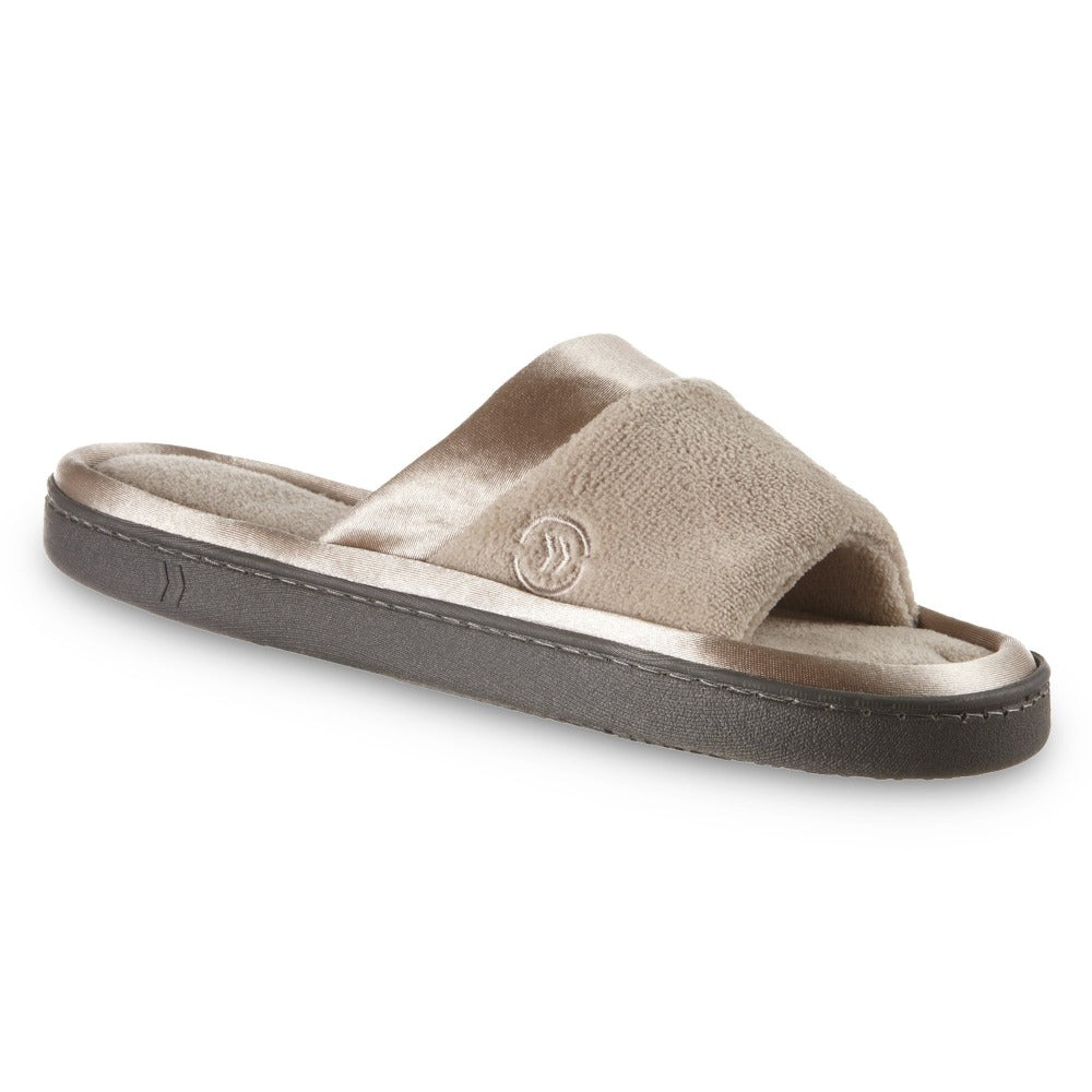 womens microterry satin trim wider width slipper in tan