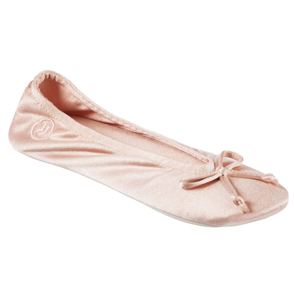 Women’s Isotoner Satin Ballerina Slippers with Satin Bow in Evening Sand Right Angled View