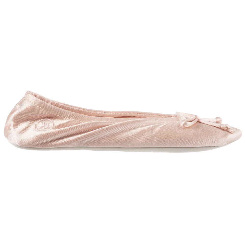 Women’s Isotoner Satin Ballerina Slippers with Satin Bow in Evening Sand Profile