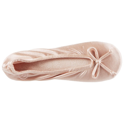 Women’s Isotoner Satin Ballerina Slippers with Satin Bow in Evening Sand Top Inside View