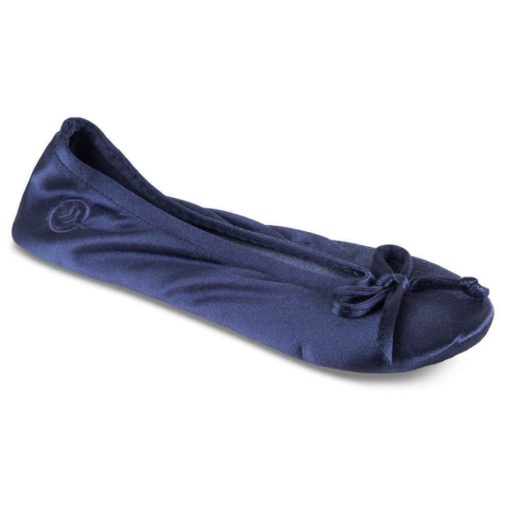 Women’s Isotoner Satin Ballerina Slippers with Satin Bow in Navy Blue Right Angled View