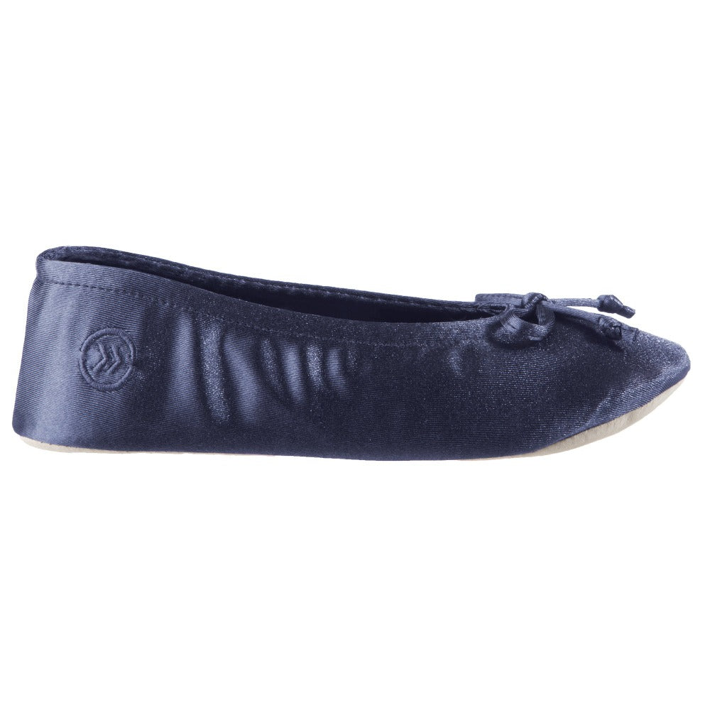 Women’s Isotoner Satin Ballerina Slippers with Satin Bow in Navy Blue Profile