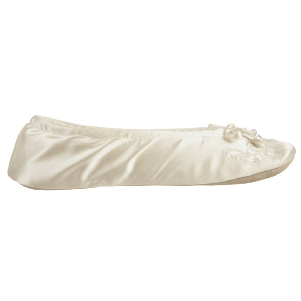 Women's Embroidered Pearl Satin Ballerina Slippers in Ivory Profile#color_ivory